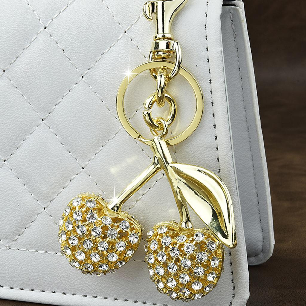Sparkling 3D Cherry Keychain Charm Bag Accessory Fashionable Rhinestones Fruit Shaped Key Ring Ornament for Women