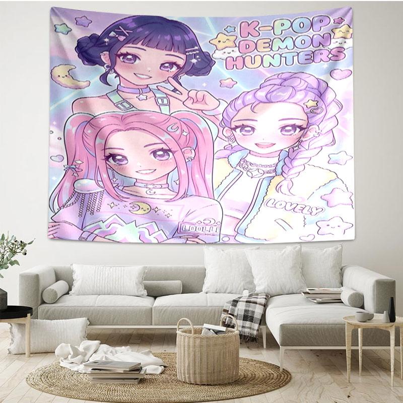 KPop Demon Hunters Print Tapestry - Portable Wall Decor Cloth, for Home, Dorm, Travel, Bedroom, Living Room - Ideal Birthday Housewarming Gift