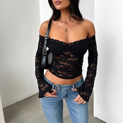 Y2K Sexy Long Sleeve T-Shirt Lace Women's One Shoulder Hollow Slim Top