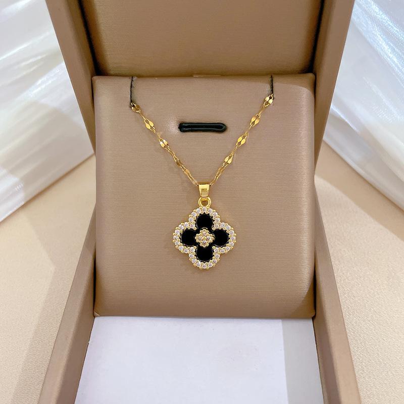 Clover Flower Light Luxury Temperament Gorgeous Full Diamond Necklace Female Versatile Collarbone Chain Titanium Steel Chain