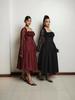 Women's Spring New Style Temperament Square Collar Lace Long Sleeve Ruched Waist Solid Color Midi Dress