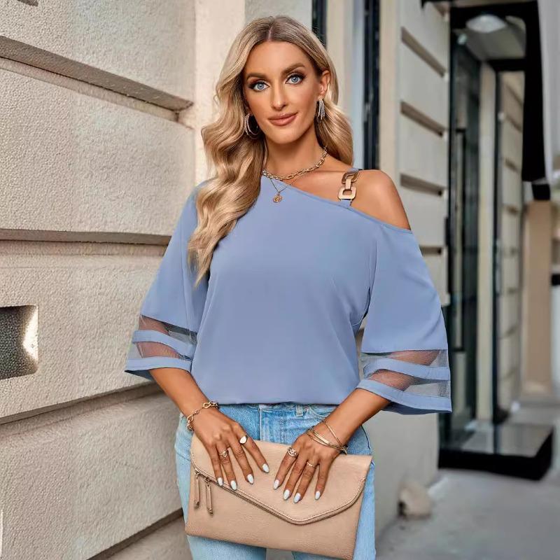 Spring Summer Blouses Women's Slanted Neck Shirt with Loose Five Quarter Sleeves Fashion Casual Solid Color Metal Buckle Single Shoulder Top Women