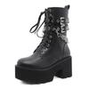 Hochwertige Leder Gothic Schwarze Stiefel Damen Absatz Sexy Kette Blockabsatz Plateaustiefel Damen Punk Style Stiefeletten Reißverschluss