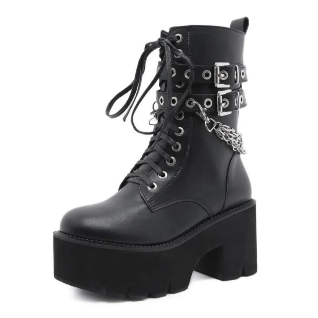 Hochwertige Leder Gothic Schwarze Stiefel Damen Absatz Sexy Kette Blockabsatz Plateaustiefel Damen Punk Style Stiefeletten Reißverschluss
