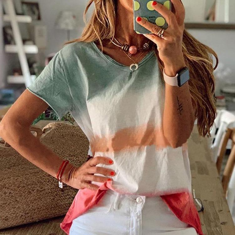 

Rainbow Gradient Printed Plus Size Women Summer Short Sleeve Fringe T-Shirt Top XXL світло-зелений колір