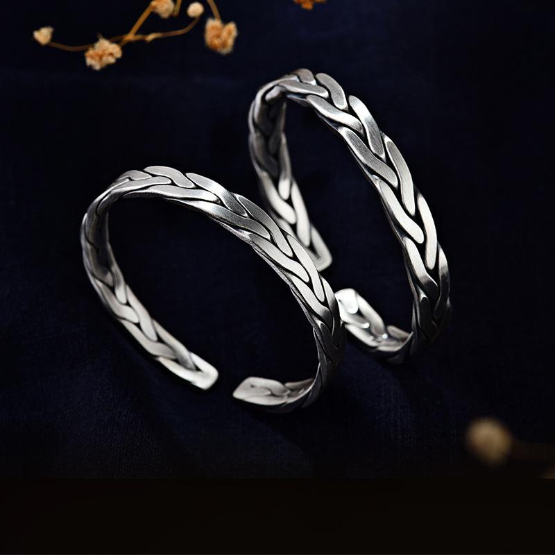 S999 Pure Silver Woven Solid Silver Bracelet Personalized Foot Silver Solid Bracelet Retro Versatile Unisex Style Couple Bracelet