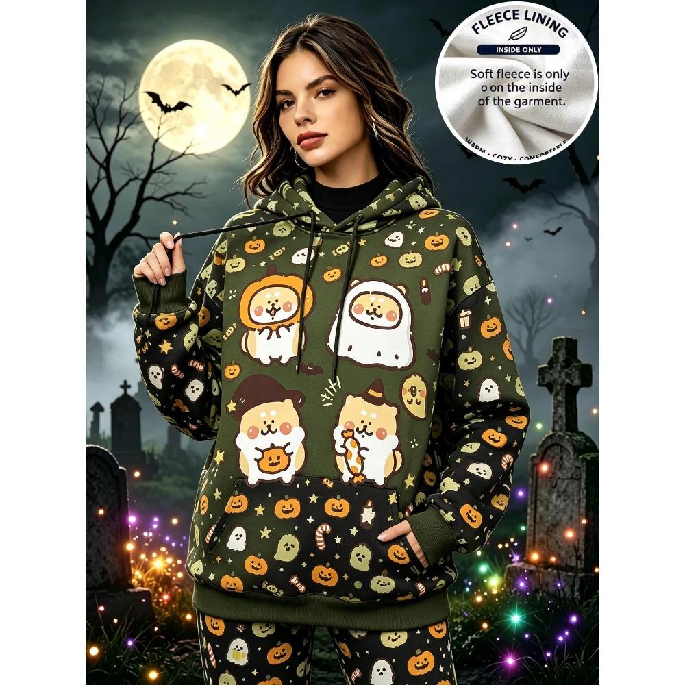 Women Halloween Fleece Hoodie Cute Cartoon Dog Pumpkin Ghost Print Long Sleeve Pullover Hooded Sweatshirt Casual Warm Top