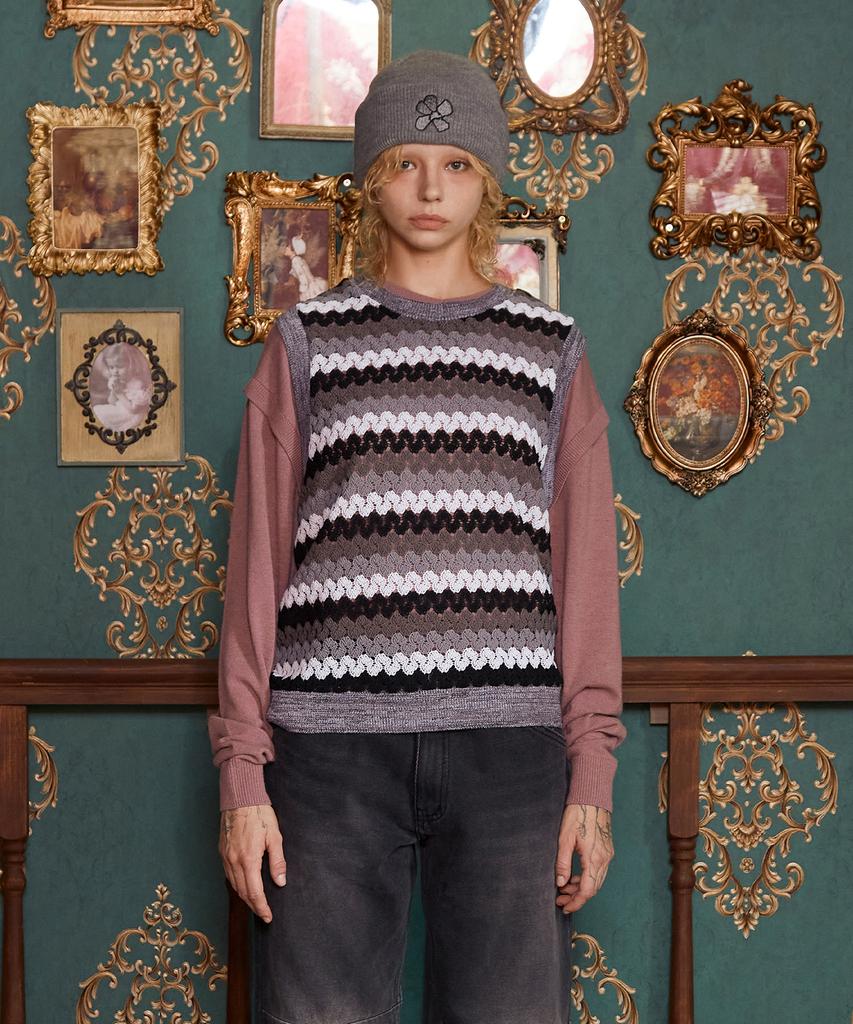 Unalloyed Striped Crochet Knit Vest / Gray
