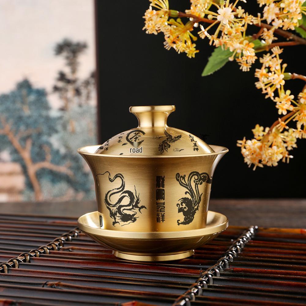 Antique Brass Teacup Set: Dragon & Phoenix Motif with Bronze Ornaments, 3-Piece Collection