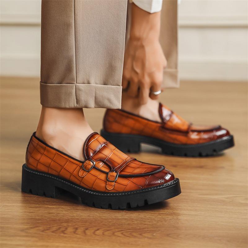 8670 Loafers One-Pedal Loafers Fashion Casual Leather Shoes Men's Platform Height Increasing Double Buckle Loafers