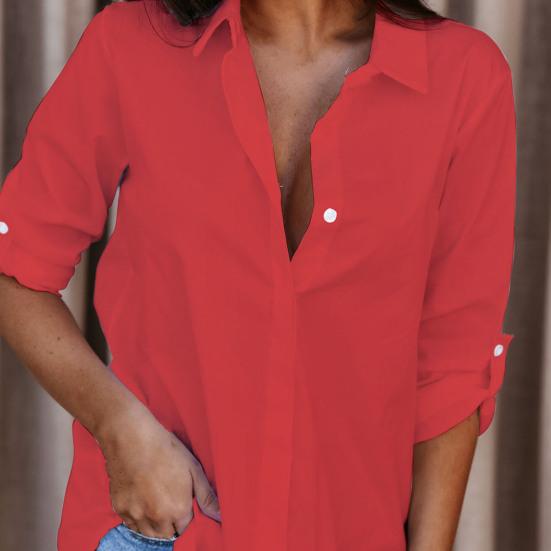 Turn-Down Collar Long Sleeve Women Shirt Buttons Closure Solid Color Loose Shirt Ladies Clothing