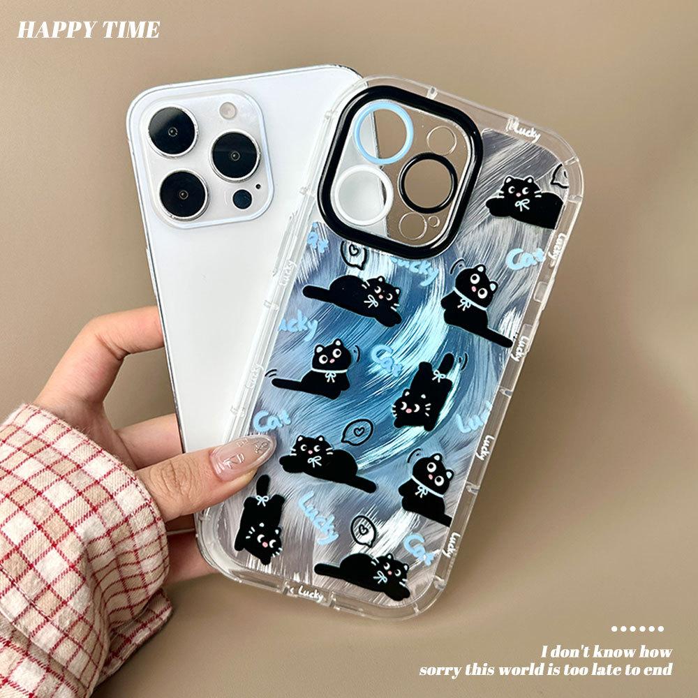 Gradually Dyed Feather Yarn Small Black Cat Food Suitable for Apple 16 Protective Cover Iphone15 Mobile Phone Case 14 Soft Edge 13 Niche