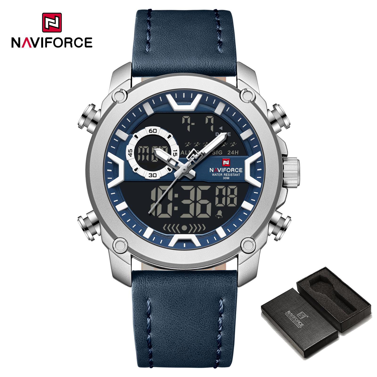 

NAVIFORCE Original Men Quartz LCD Digital Watch Leather Strap Waterproof Luminous Pointer Calendar Date Men Boys Casual Watch NF9261 синий/серебряный