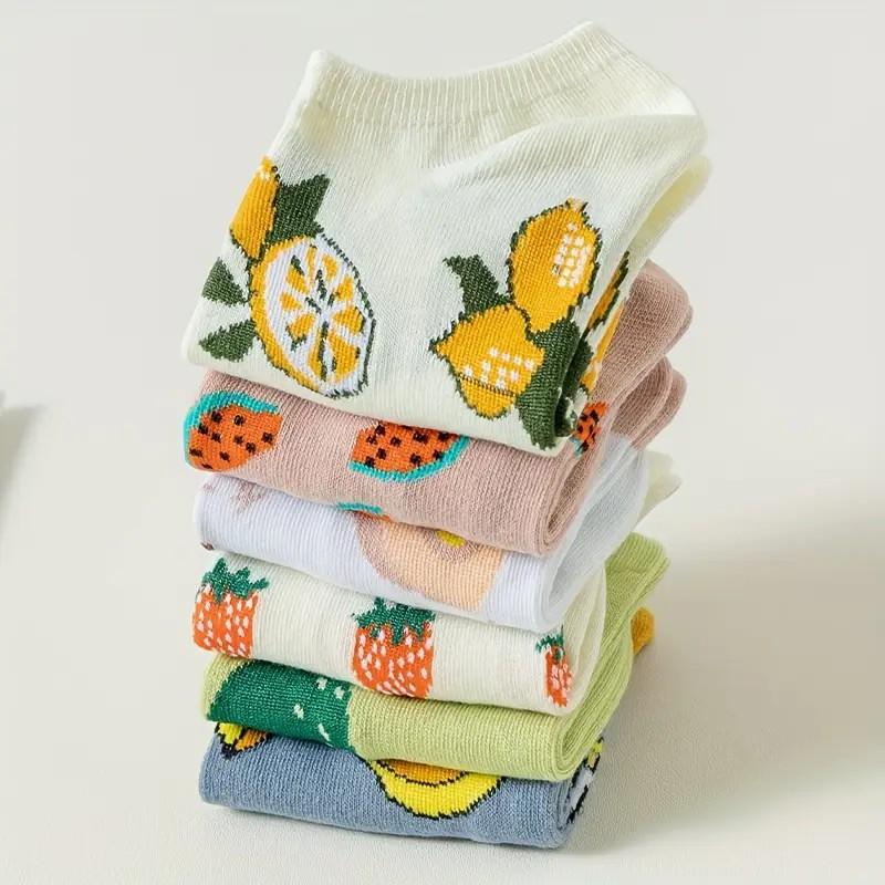 1/6 Pairs Women Cartoon Fruit Printed Cotton Boat Socks Spring Summer Sweat Absorbing Breathable Soft Comfortable Ankle Socks