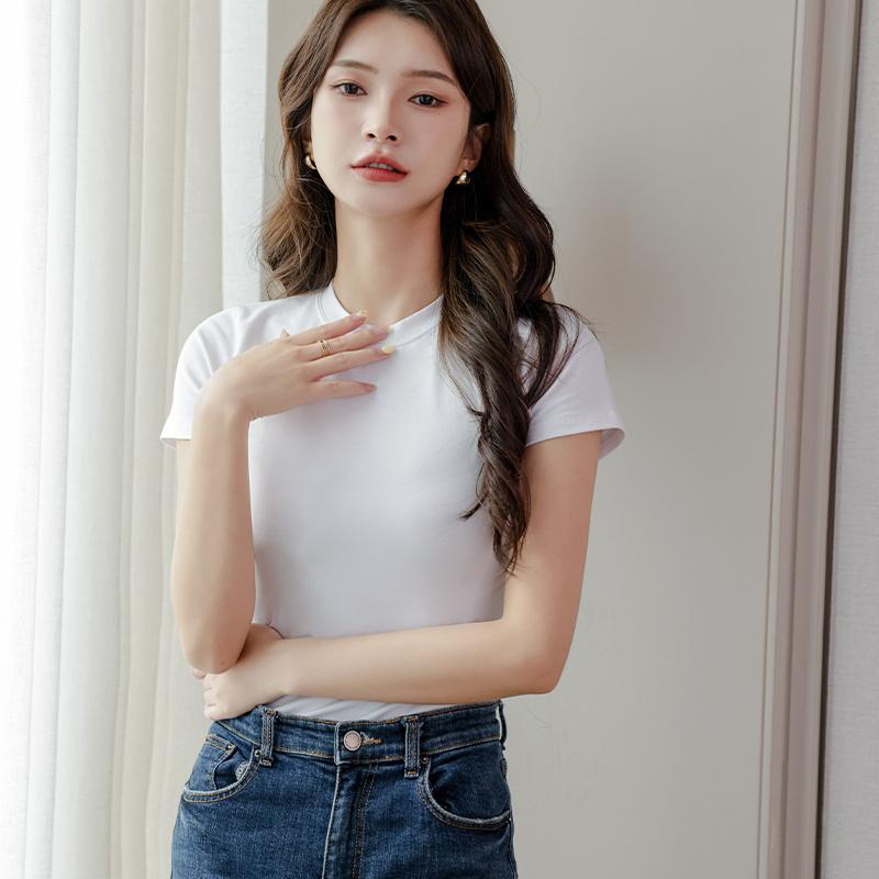 Pure cotton shoulder short sleeved T-shirt for women, slim fit and tight fitting, pure cotton white semi high neck top, solid color JS