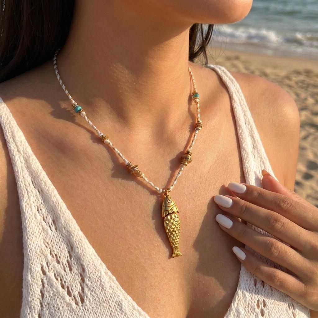 Bohemian Blue Enamel Fish Pendant Necklace for Women Stainless Steel Ocean Series Shell Tassel Necklace Summer Jewelry Accessory