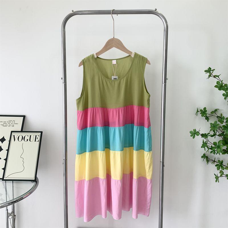 

Cute Rainbow Dress Sleeveless Cotton Silk Skirt Nightdress Dress Plus Size Loose Pajamas Home Wear for Pregnant Women Green + Red One size