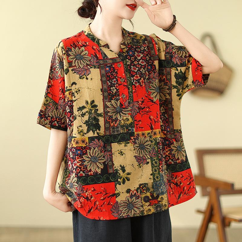 

Футболки в китайском стиле в стиле ретро, женские, весна-лето, повседневные, с принтом, топы, Harajuku, с коротким рукавом и дизайном на полпуговицы M красный