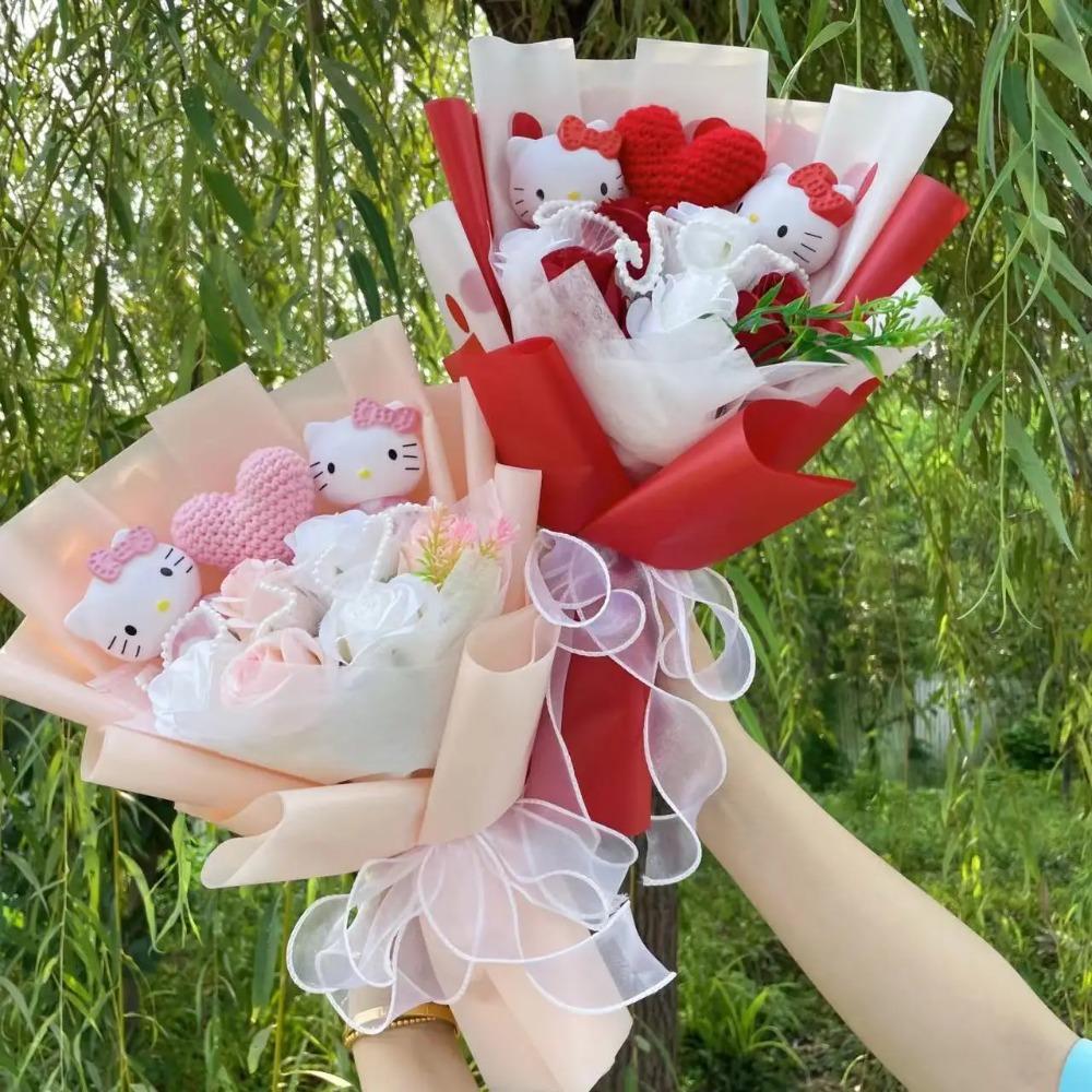 Bambole Gatto Kawaii Hello Kitty con Fiori Artificiali Bouquet Creativo Regali di Natale San Valentino Compleanno Laurea