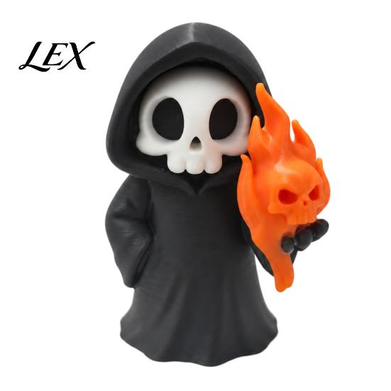 Small Gothic Room Accessories Cute Grim Reaper Halloween Figurine, 3D Printed Spooky Little Fun Party Tabletop Ornaments Statue with Flame Skull,