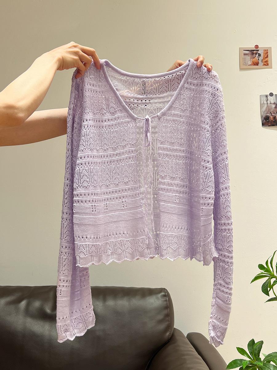 

Hollow-out hook-up lace-up knitted sunscreen blouse for women s summer super-fire French gentle temperament short top One size fits all фіолетовий