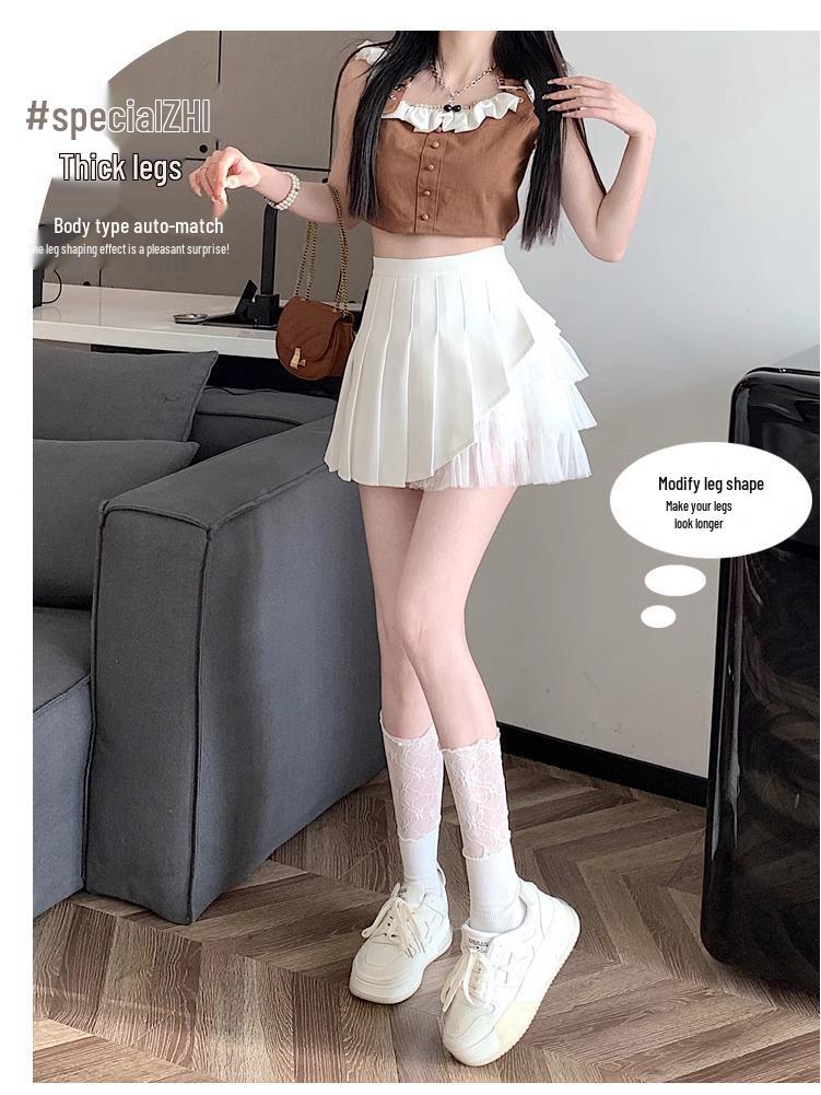 High-Waist A-Line Mesh Pleated Skirt: Women's Summer/Spring 2024 Short Skirt Pants