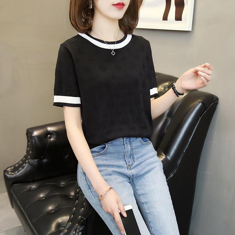 

Summer new design ice silk knitted short-sleeved color matching round neck loose T-shirt contrasting color foreign style top thin bottoming shirt XL чорний