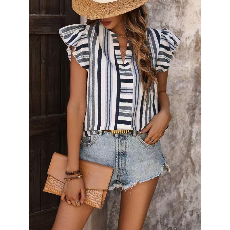 Women's Summer Top Color Stripes Patchwork Shirt Lotus Leaf Flying Sleeve Sleeve Shirt Top