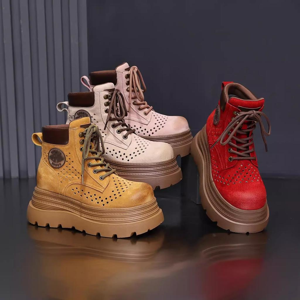 Outdoor hollow Martin boots women's 2025 summer new popular breathable inner height increase pink small thick-soled short boots