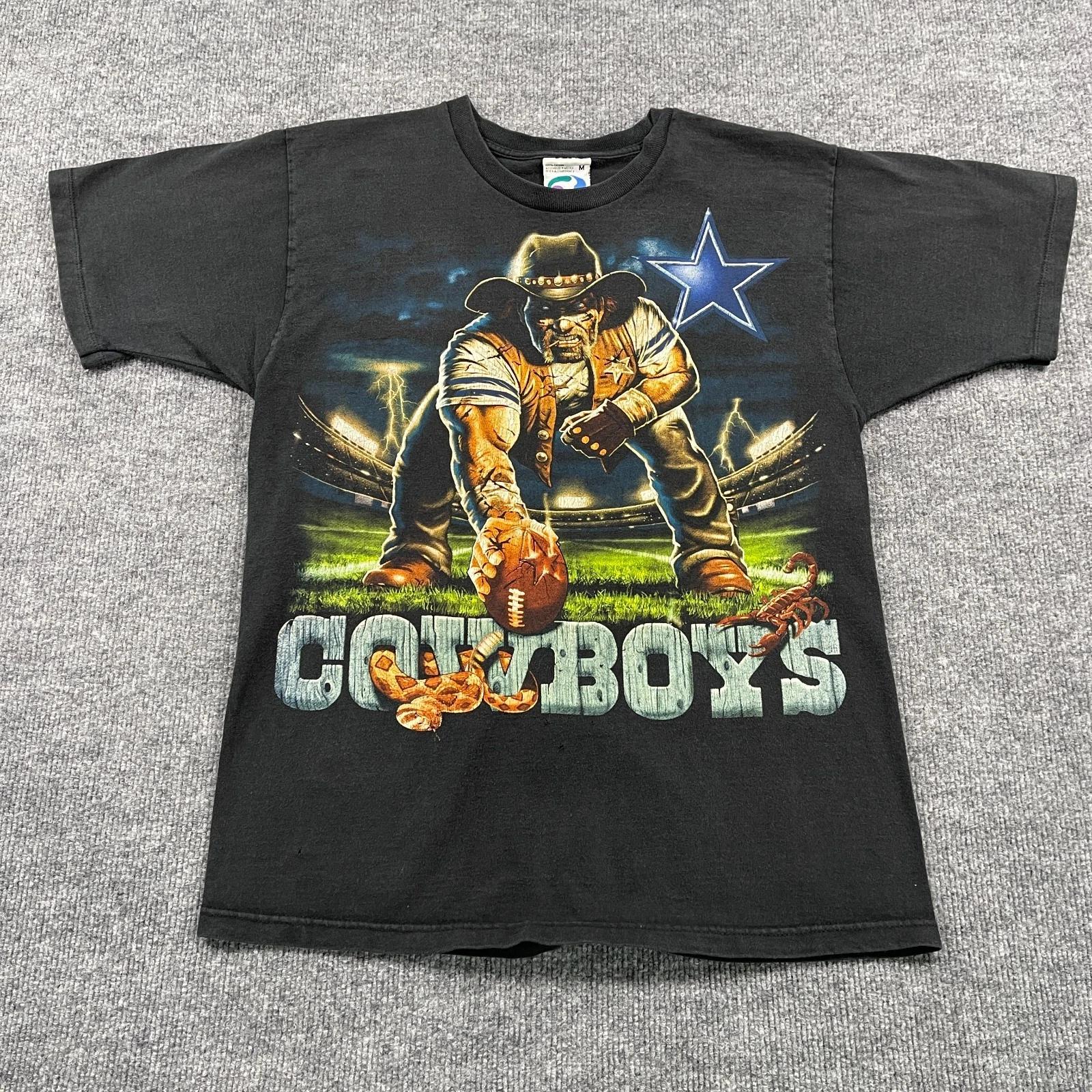 

Vintage 90s Liquid-Blue Dallas-Cowboys Football Shirt Medium 19x27 Big-Print 4XL
