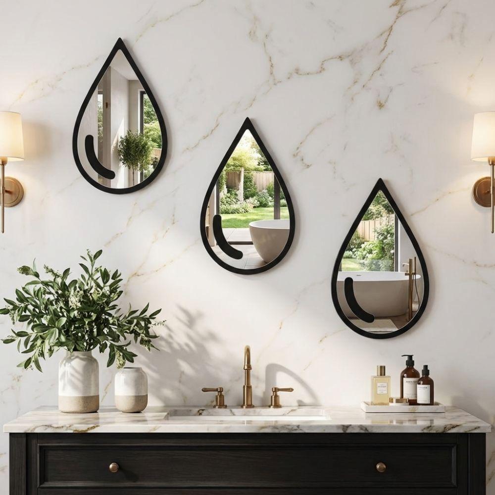 3Pcs Wall Mount Water Drop Wall Stickers Black Frame Teardrop-Shaped Mirror  Bathroom
