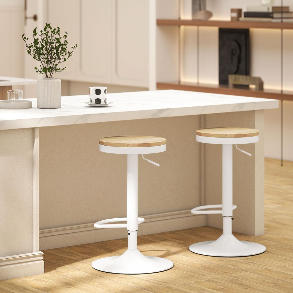 Bar Stool Set of 2, Height-Adjustable 360 degrees Swivel Bar Stool with Steel Frame Footrest 38.5x38.5x60-80 cm Natural Wood+White
