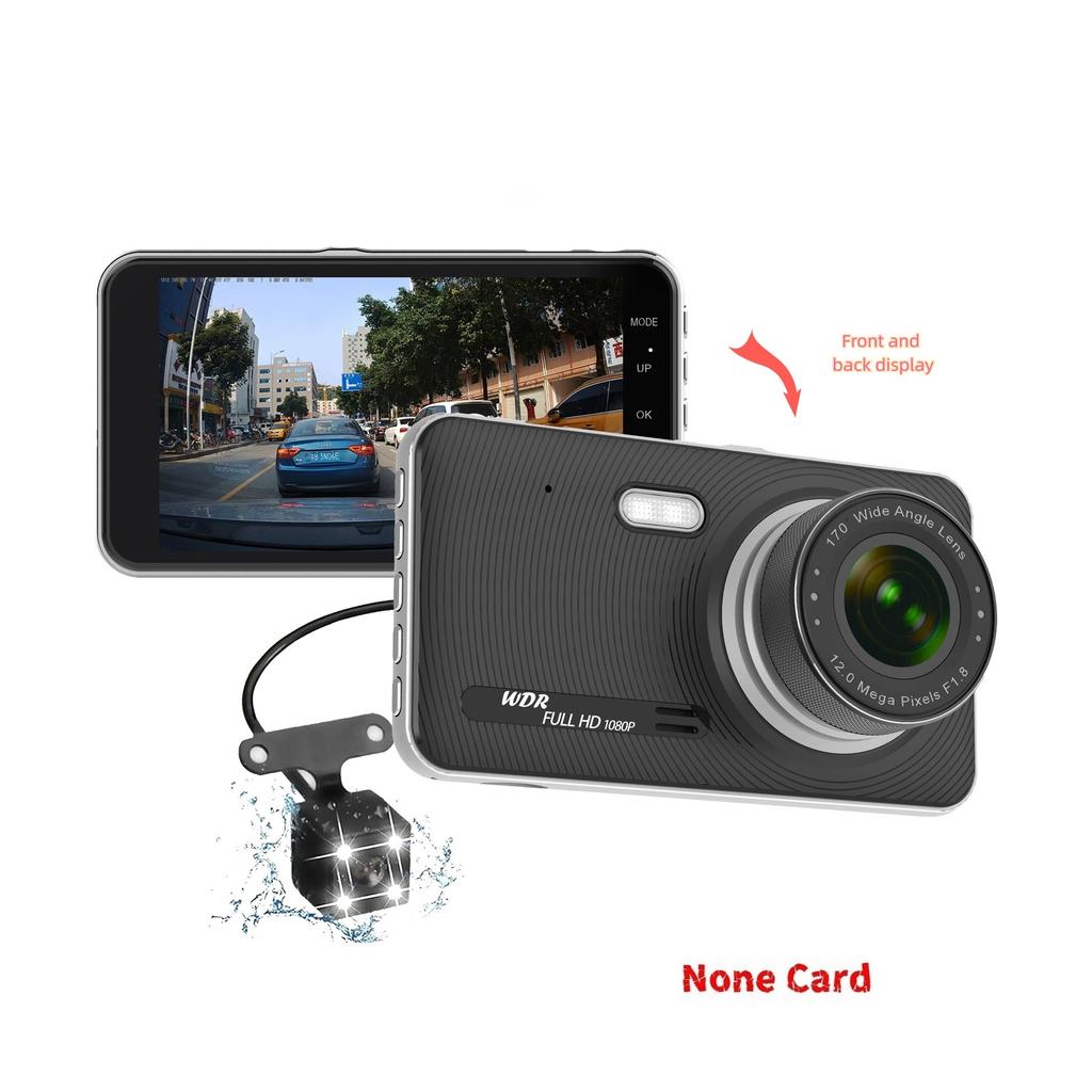 4-inch Dashcam, IPS HD 1080P Car DVR, Dual Front and Rear Cameras, Supports Reversing Camera Function.