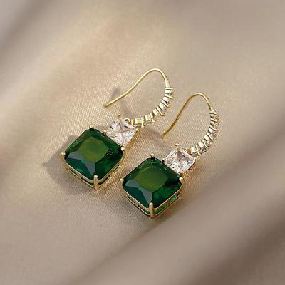 Huitan Gold Color Women's Dangle Earrings with Square Green Cubic Zirconia Temperament Female Ear Earrings Statement Jewelry New