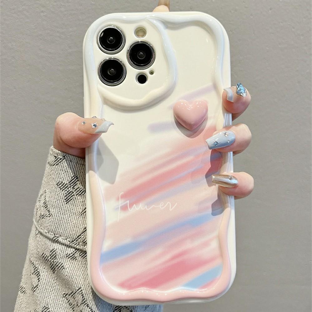 For iPhone 16 Pro Case Rainbow Graffiti 3D Heart Decor Silicone Phone Cover