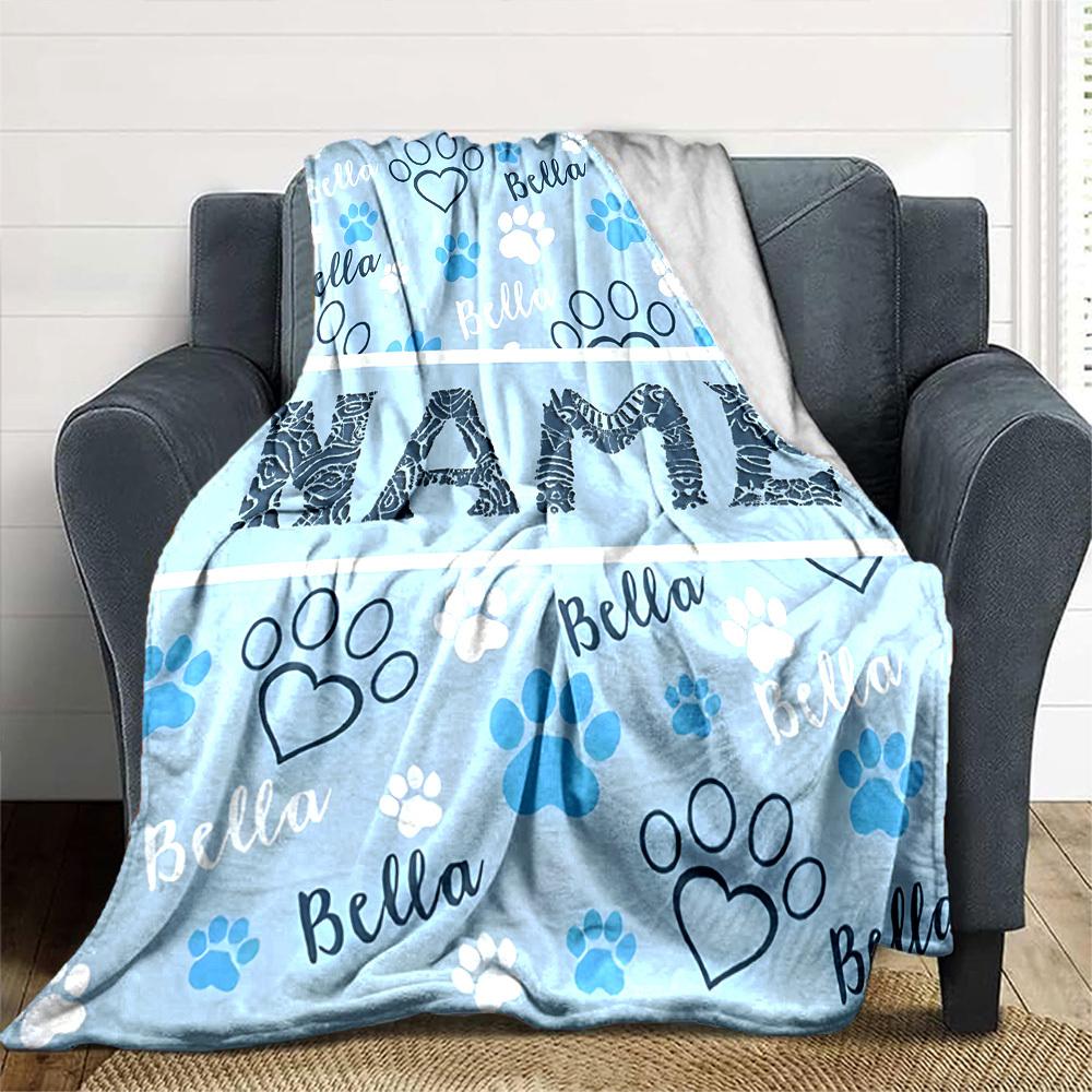 Paw Prints And Bella On A Blue Background With A Central Section Gift Personalized Blanket Customize Your Name Soft Cozy Throw For Sofa Couch Office