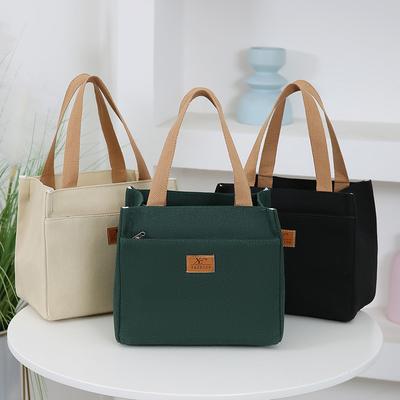 1Pc Solid Color Women Tote Bags Portable Reusable Canvas Shopping Bag Large Capacity Lunch Bags Office Worker Lunch Bags