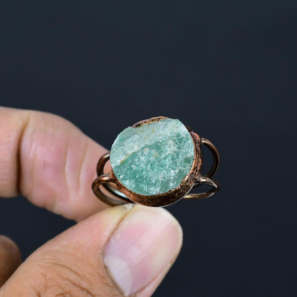 Aquamrine Handmade Gemstone Ring, Copper Electroformed Ring Antique Jewelry, Adjustable Ring Engagement Gift