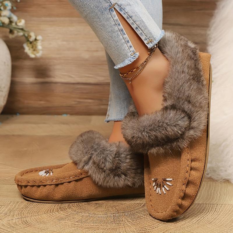 Women's Faux Fur Slippers - All-Season Cozy Moccasins with Petal & Leaf-like Embellishment, Soft TPR Sole & Faux Cover-like Upper, Beige