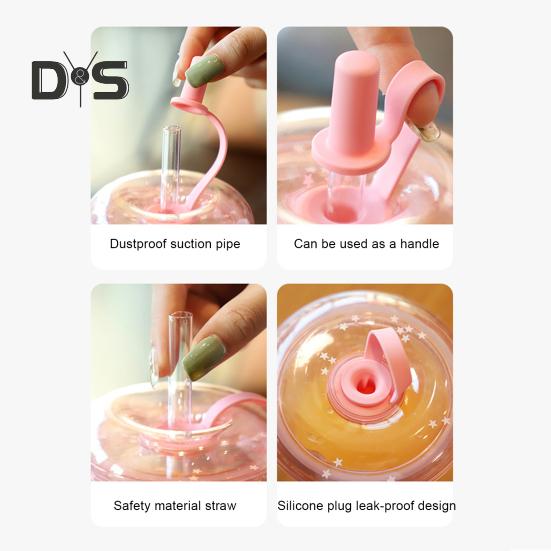 Leak-proof Iced Coffee Cup Reusable Straight Pipette Cup with Built-in Straws Double Wall Insulated Iced Coffee Tumbler Cartoon Drinking Cup