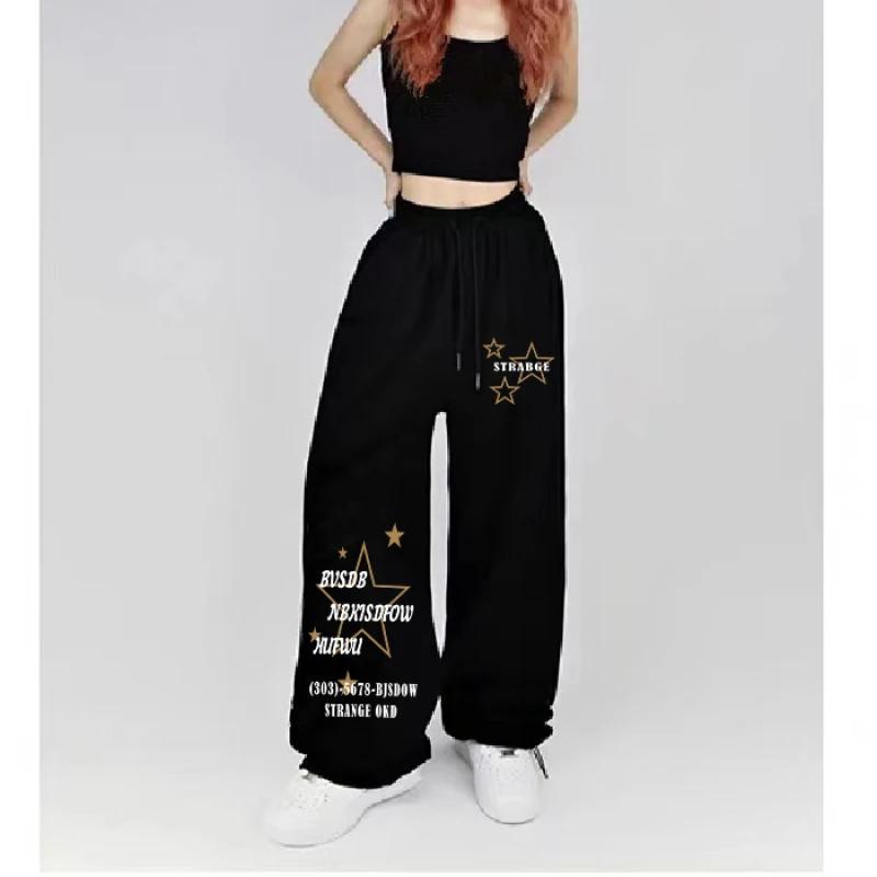 

Letter Print Wide Leg Pants Women New Woman Trousers Y2K Streetwear Summer Women s Sport Pants with Drawstring Korean Fashion 2XL чорний