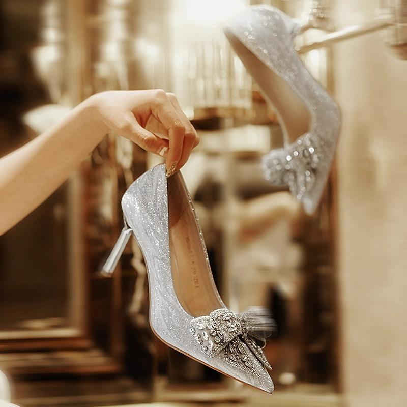 

Модные женские туфли-лодочки на каблуке с бантом, весна и осень 2025 40 серебряный