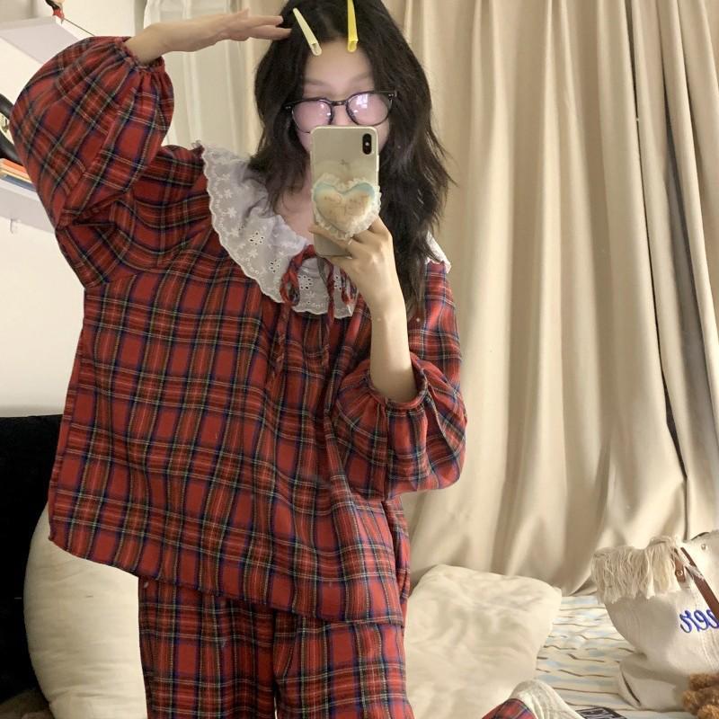 Women's Red Plaid Lace Trim Pajama Set - Long Sleeve & Pants