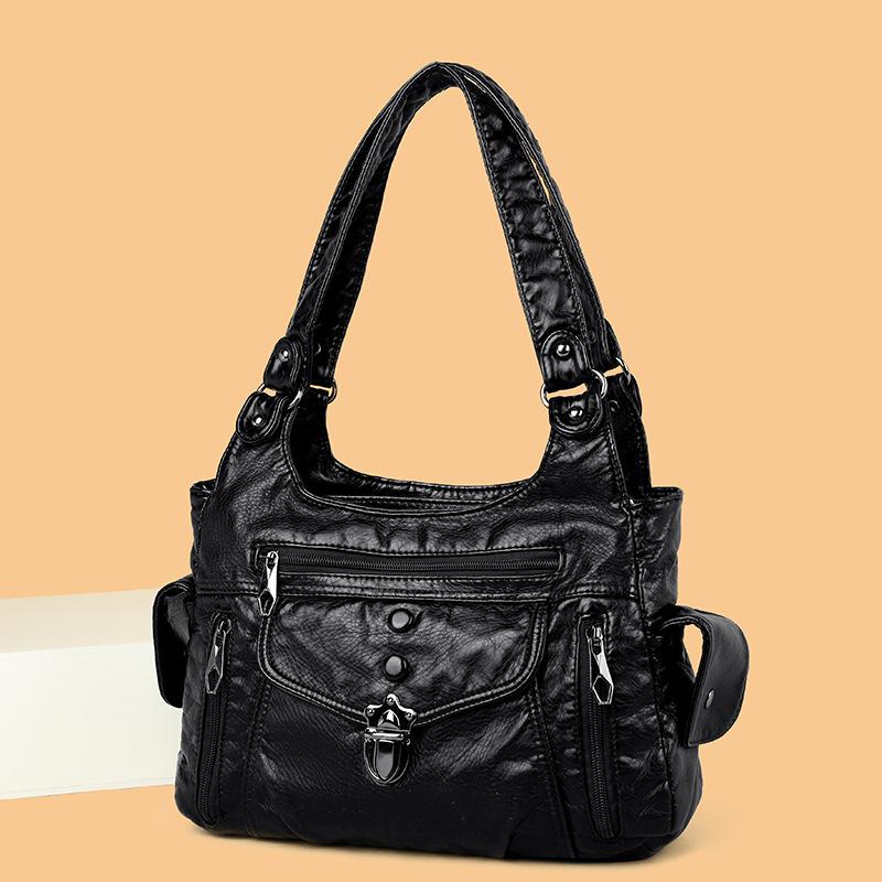 

Женская сумка из вымытой кожи, сумка-тоут, ретро-мода, заклепки, мягкая кожа, сумка-тоут, многокарманная, большой вместимости, сумка-мессенджер чёрный