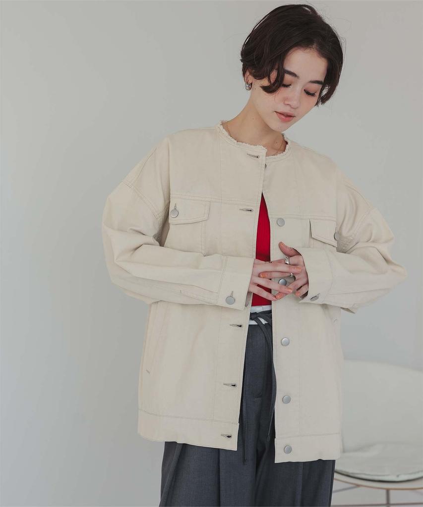 Titibait Collarless Denim Jacket AFXT0279 L Ivory Women's
