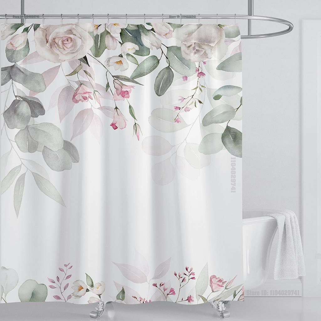 Watercolor Leaves on The Top Plant with Floral Bathroom Greenery Leaf Decoration Watercolor Botanical Shower Curtain with Hooks