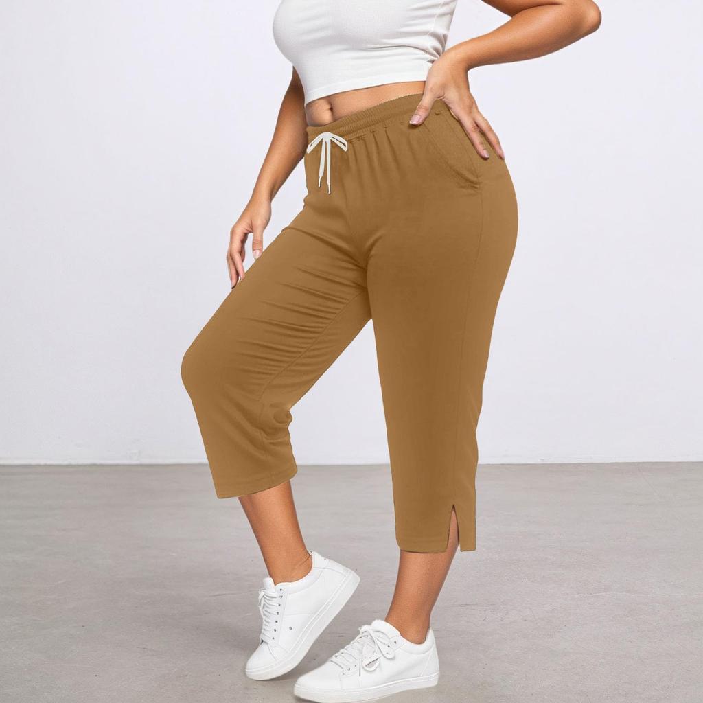 Women's Cropped Pants Casual Drawstring Waist Loose Yoga Sports Pants With Pocket Cuff Slitted Sports Pants