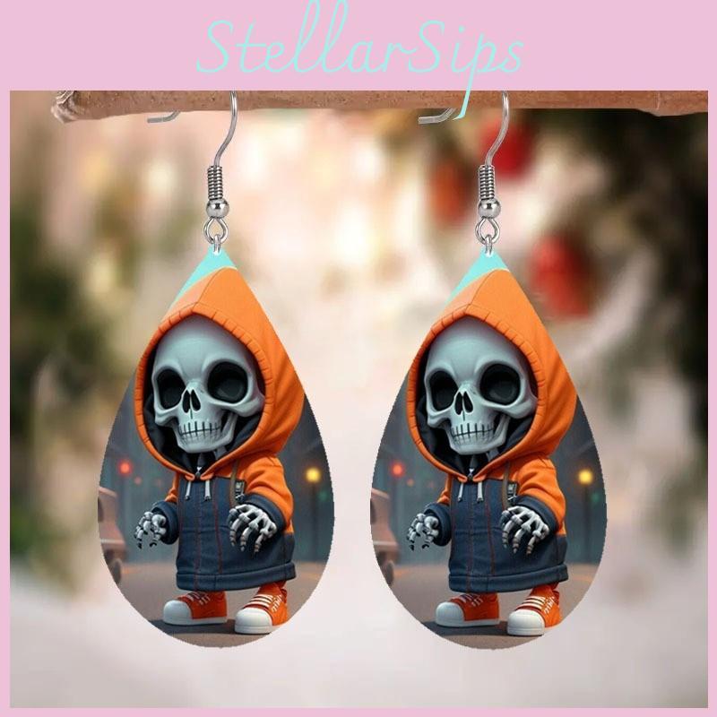 Halloween Themed Hooded Jacket Skull Pattern Droplet Shaped Acrylic Earrings For Alternative Style Wear