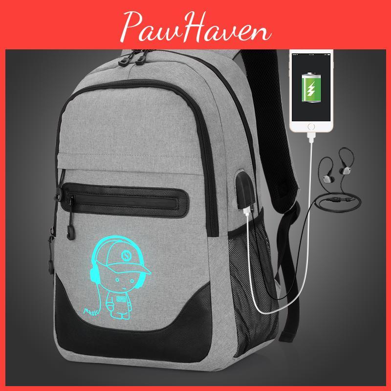 Niedlicher Cartoon-Druck Leuchtend im Dunkeln Wasserdichter Laptop-Rucksack mit USB-Ladeanschluss