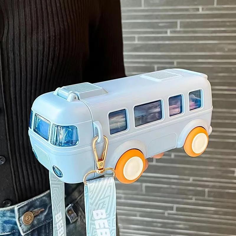 BPA FREE Bus Toy Bottle for Kids Gift Tritan Straw Water Bottle Cup Charming Girl Boy School Kindergarten Travel Kettle with Straps